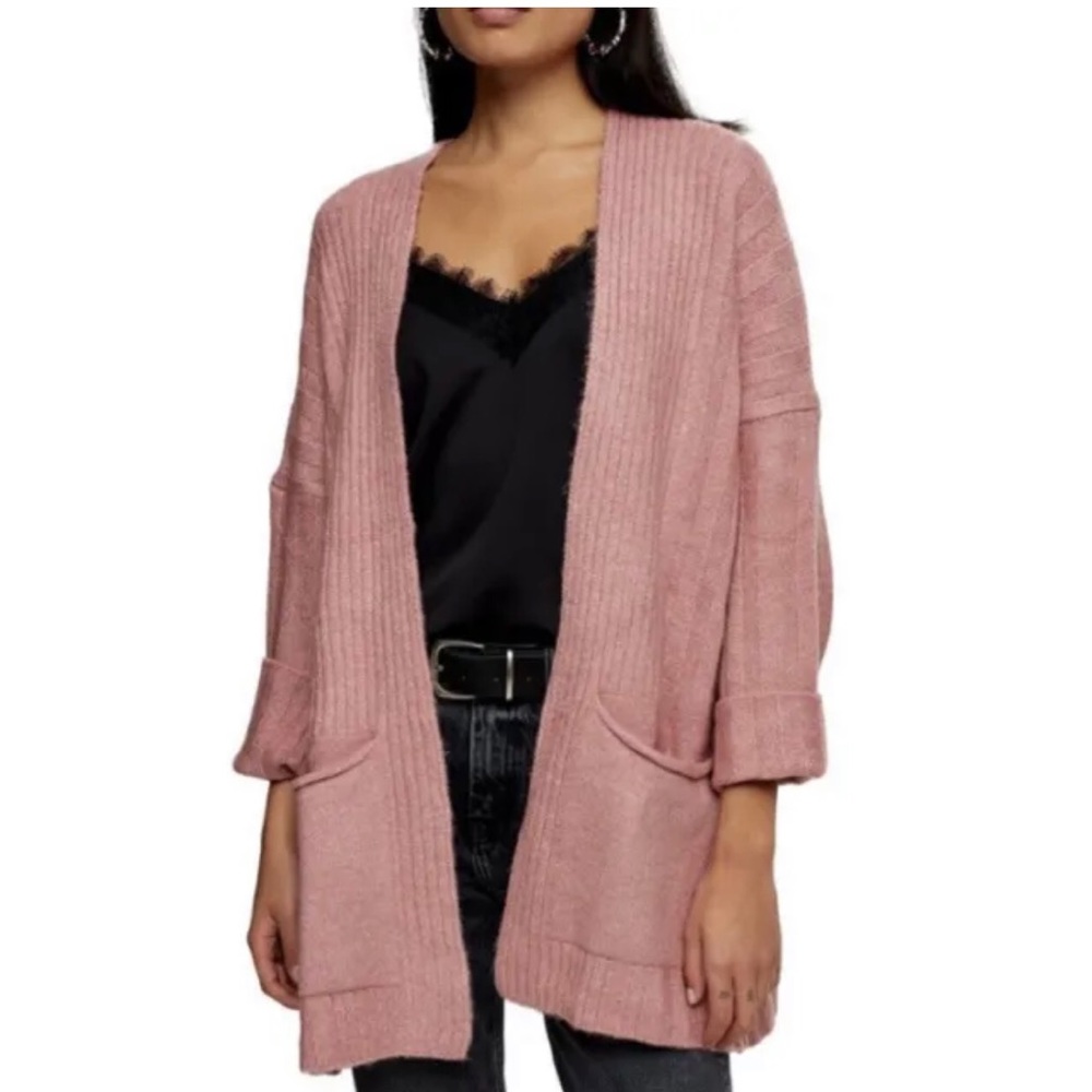 Topshop Womens Long Open Cardigan Sweater Pockets Pink Rib Knit NWT